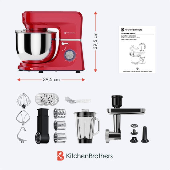 KitchenBrothers Küchenmaschine - 6-in-1 Küchenroboter - 1500W - mit Fleischwolf, Mixer und 15 Zubehörteilen - 6,2L Schüssel aus Edelstahl - Rot