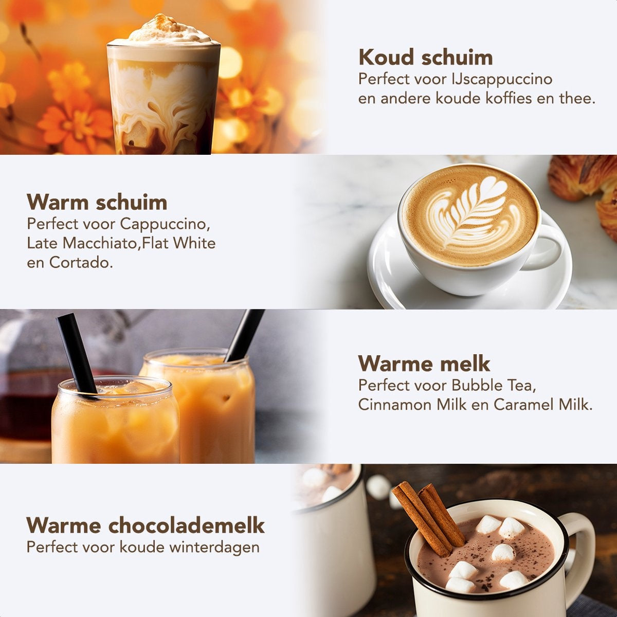 KitchenBrothers - Elektrischer Milchaufschäumer - Spülmaschinengeeignet - 4-in-1 - 400 ML - Edelstahl/Schwarz