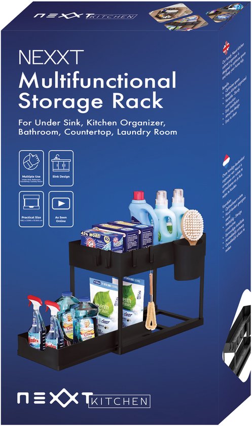 Nexxt Küchenschrank-Organizer - 2 Lagen - Regal mit ausziehbarer Schublade - Inklusive Haken und Tabletts - Spülen-Organizer - Schwarz