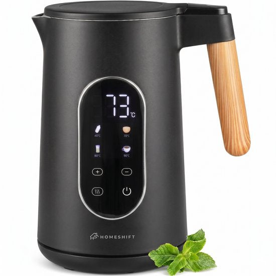 HomeShift® Wasserkocher mit Temperaturregelung – Warmhaltefunktion – doppelwandig – elektrisch – 1,7 Liter – 2200 W – Schwarz / Holz