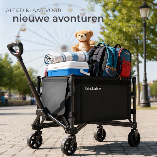 tectake® Handwagen – Zusammenklappbar – 60 kg Tragkraft – Schwenkbare Massivräder – 47 x 83 x 90 cm - Handkarren – Transportwagen – Mit verstellbarer Schiebestange – Handkarren – Wasserabweisender Transportwagen – Mit Ablagebrett und Innenfach