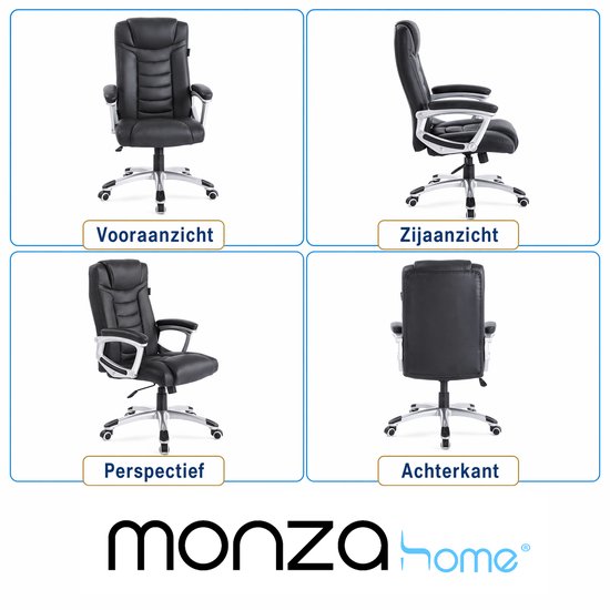 Monza Home® Bürostuhl Schwarz – Ergonomischer Bürostuhl – PU-Leder – Verstellbar – 150 kg Tragkraft – Luxuriöser Chefsessel
