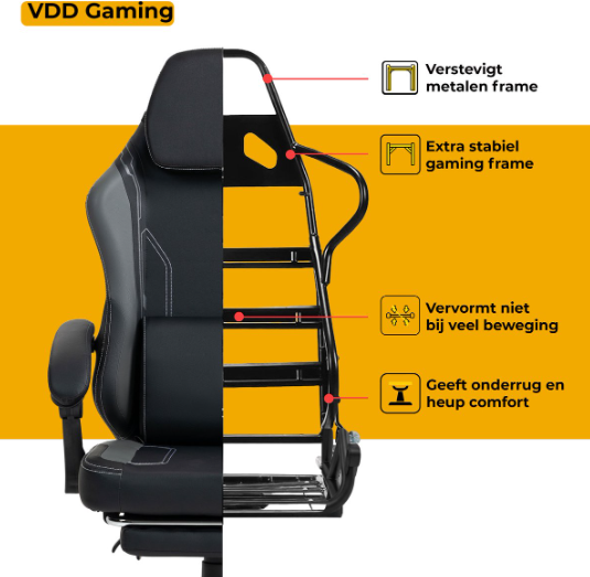 VDD Gaming-Gaming-Stuhl mit Massagefunktion – Schwarz/Grau – 70 x 70 x 125 cm – Verstellbar, Fußstütze, 150 kg