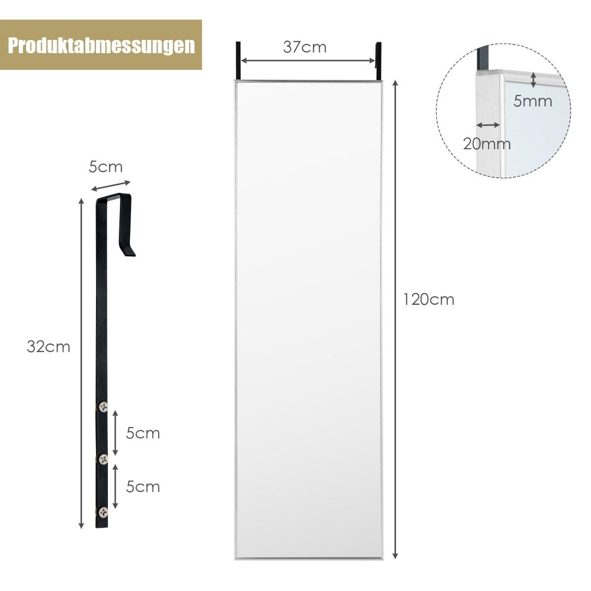 Coast 37 x 120 cm Ganzkörperspiegel mit höhenverstellbaren Hängehaken Wandspiegel silber