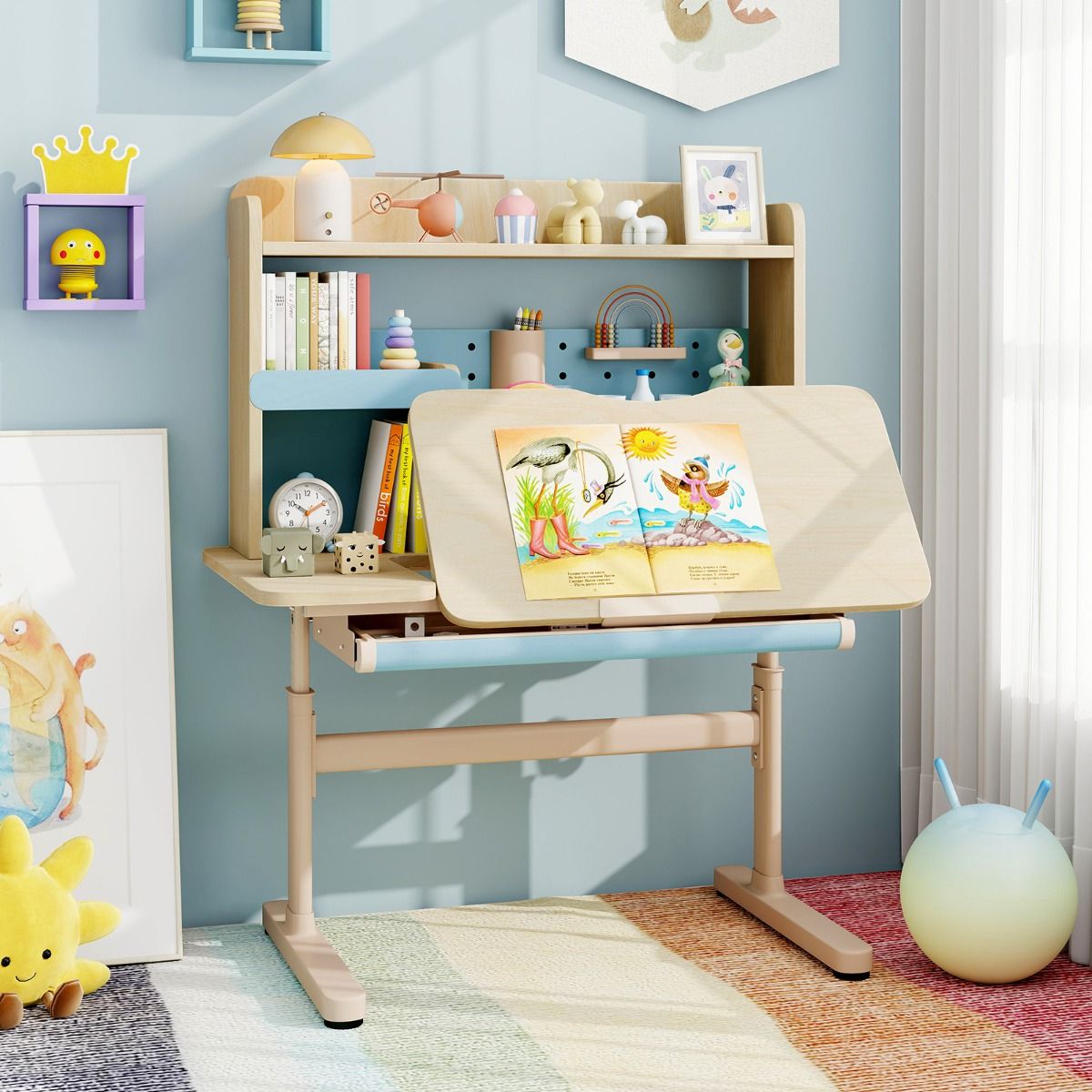 coast Kindertisch - Höhenverstellbar 52-74 cm - Kippbarer Schreibtisch 0°-60° - Schublade & Ablage - Blau - 100 x 60 x 111-135 cm