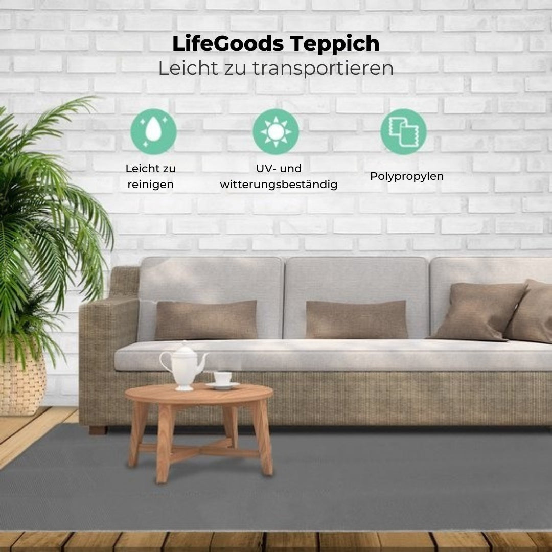 LifeGoods Outdoor-Teppich - 274x350CM - Gartenteppich - Inkl. Tragetasche - Grau