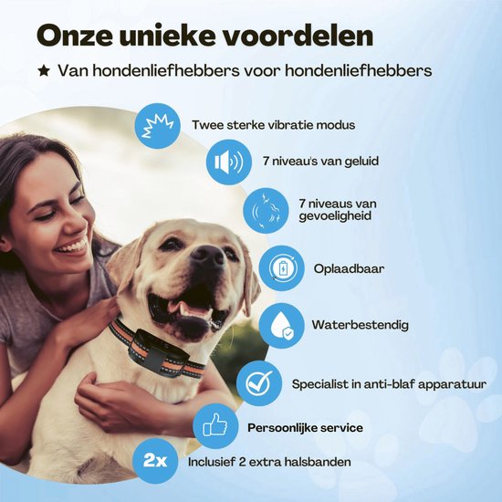 Anti-Bell-Halsband Pro - stoßfreies Erziehungshalsband - für kleine und große Hunde - wasserdicht - wiederaufladbar - Vibration und Audio - 2 zusätzliche Halsbänder