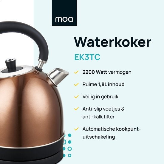 MOA Retro Wasserkocher Kupfer 1,8 Liter - Elektrisch - Edelstahl - EK3TC