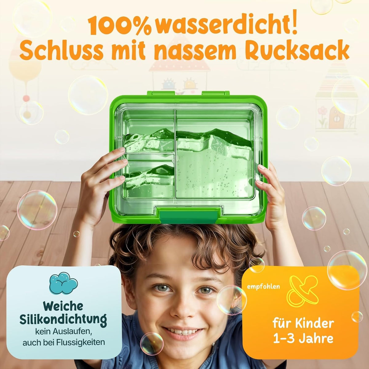 Funkelfuchs® Lunchbox für Kinder - Mit Fächern - 500ml - Für Schule, Kindergarten und Krippe - Grün