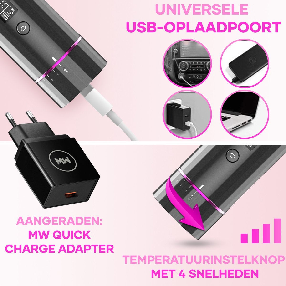 MoreWomenÂ® Automatischer Lockenstab - Kabelloser Lockenstab - 150Â°C-200Â°C - Wiederaufladbar & mit Einsätzen