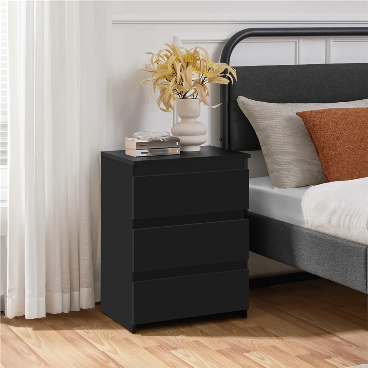 Yaheetech – Stilvoller Nachttisch mit 3 Schubladen, 45,5 x 35,5 x 60,5 cm – Elegantes Schwarz – MDF