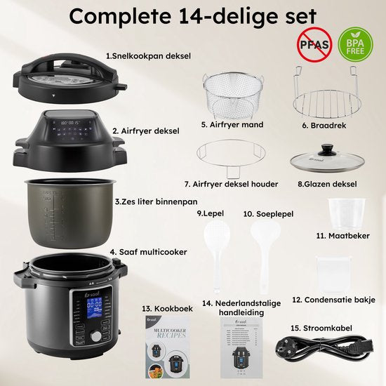 Multikocher mit Airfryer - 15-teiliges Set - 6L - 24 Automatikprogramme - Slow Cooker, Reiskocher, Dampfgarer, Schnellkochtopf - Grau - von Saaf