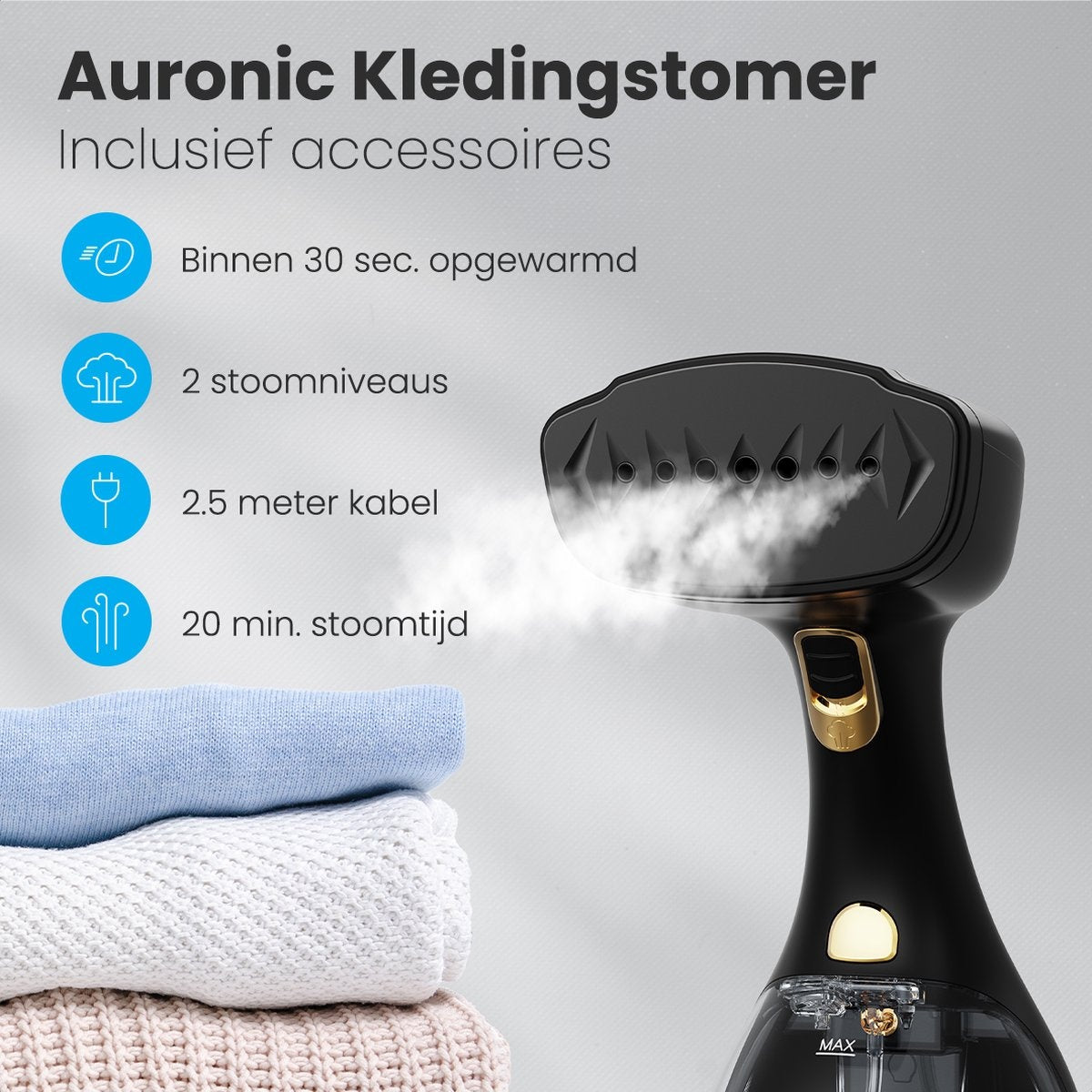 Auronic - Handdampfreiniger - für Kleidung und Möbel - entfernt 99% der Bakterien - 300ml - Schwarz