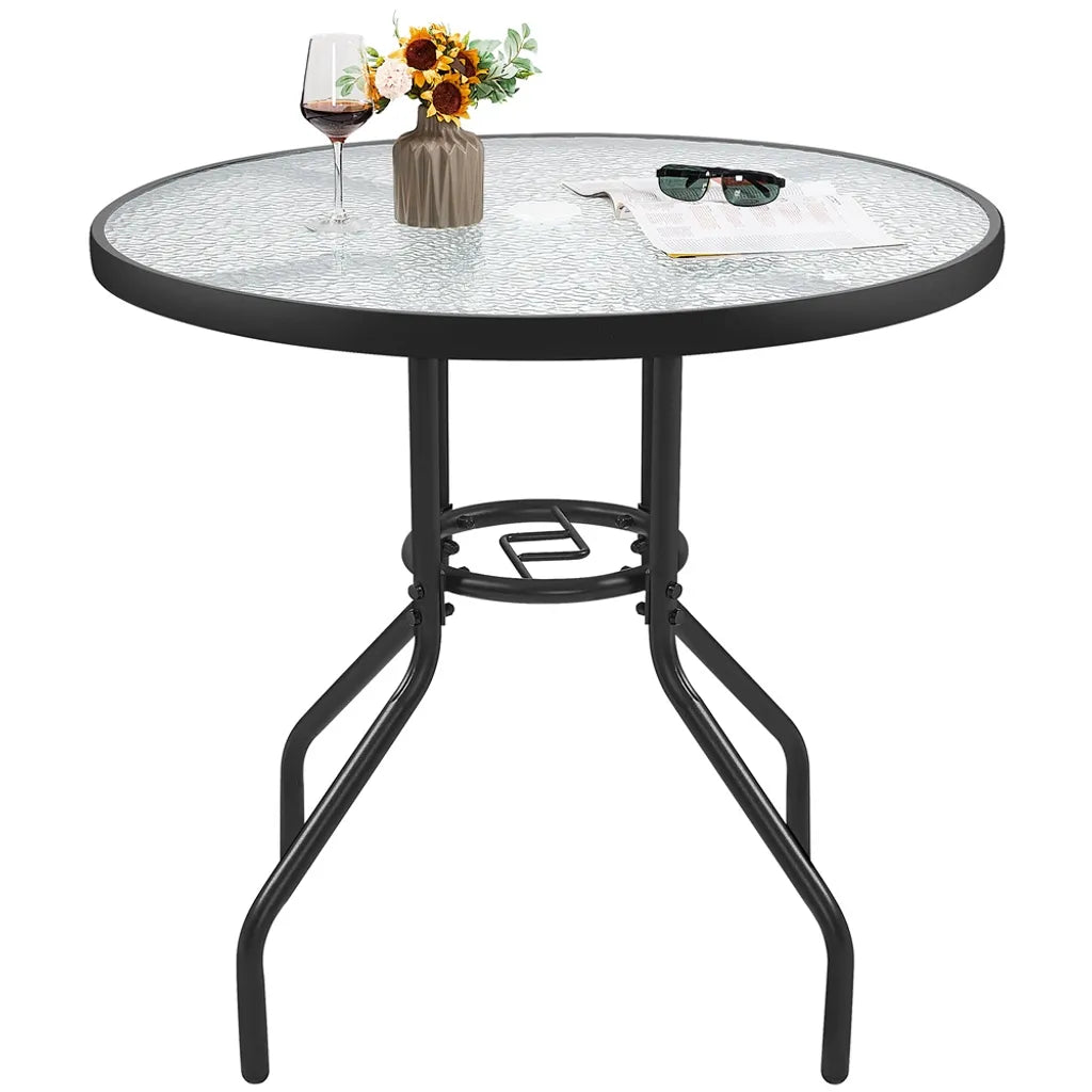 Yaheetech Bistro-Gartentisch Ø 70 cm – Schwarz – Runder Tisch mit Hartglasplatte und Sonnenschirmloch