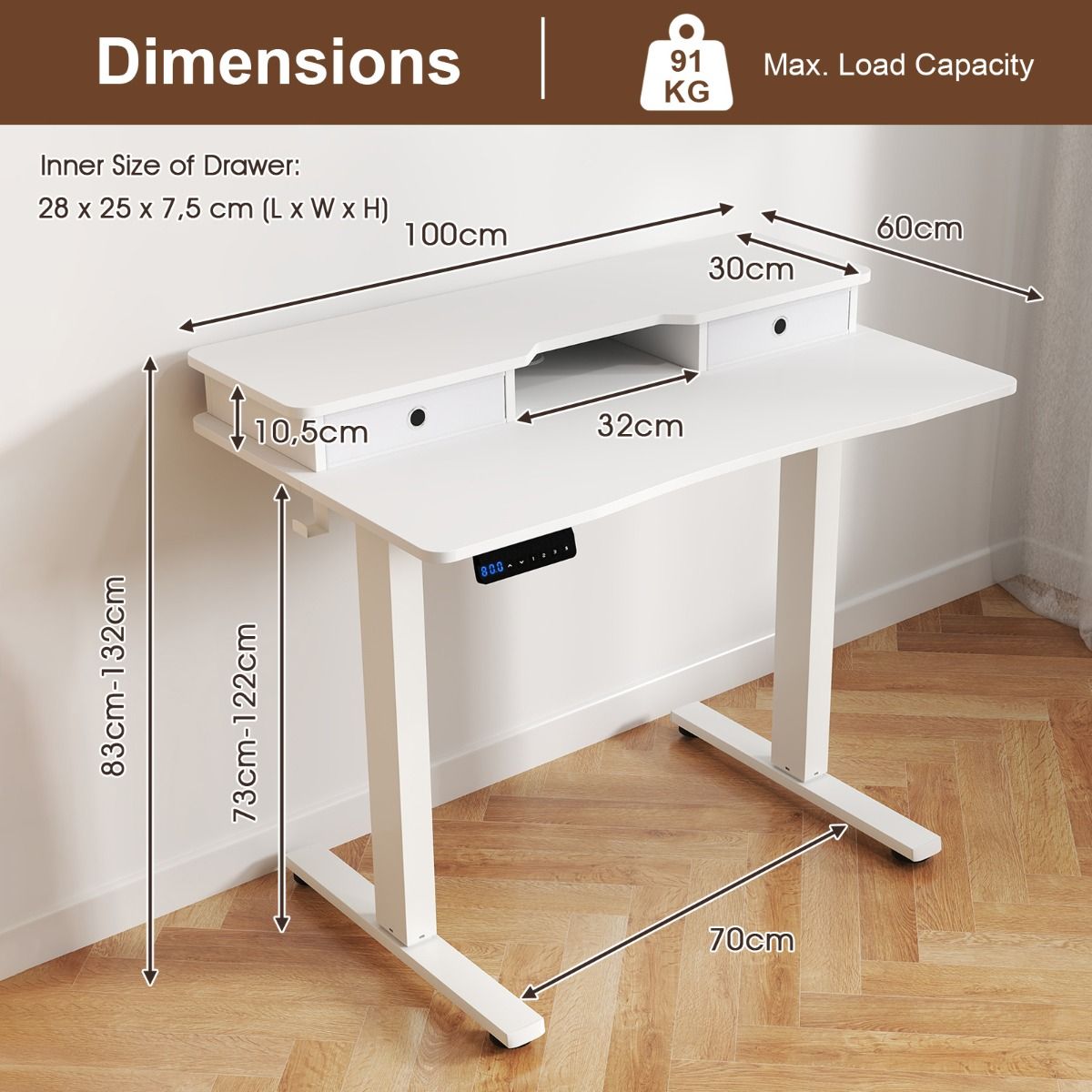 Coast Elektrischer Sitz-Steh-Schreibtisch – Höhenverstellbar – Mit Monitorhalterung und Schubladen – Weiß 100 x 60 cm