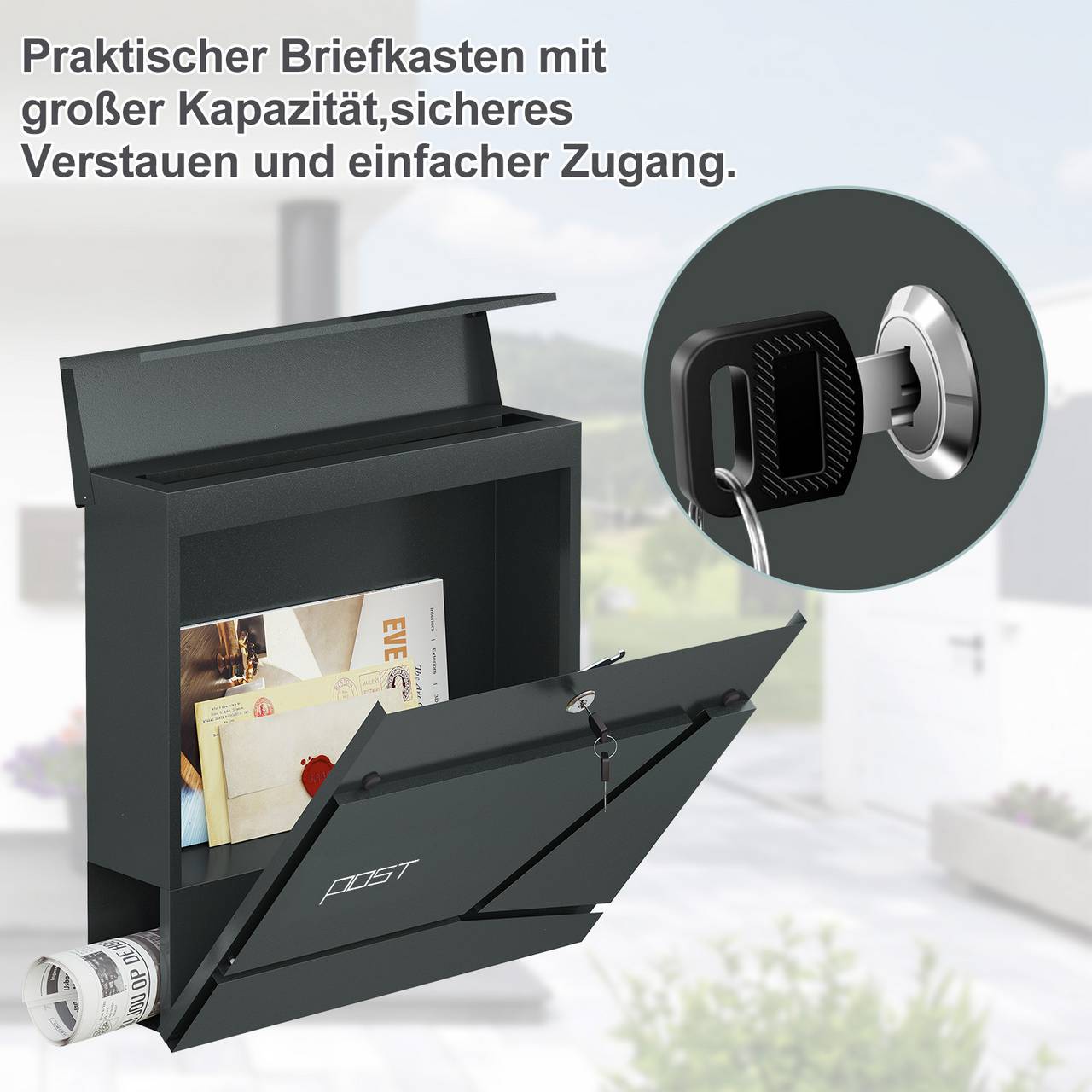 Woltu Briefkasten mit Zeitungsfach – Anthrazit – Stahl – 37 x 37 x 10,5 cm