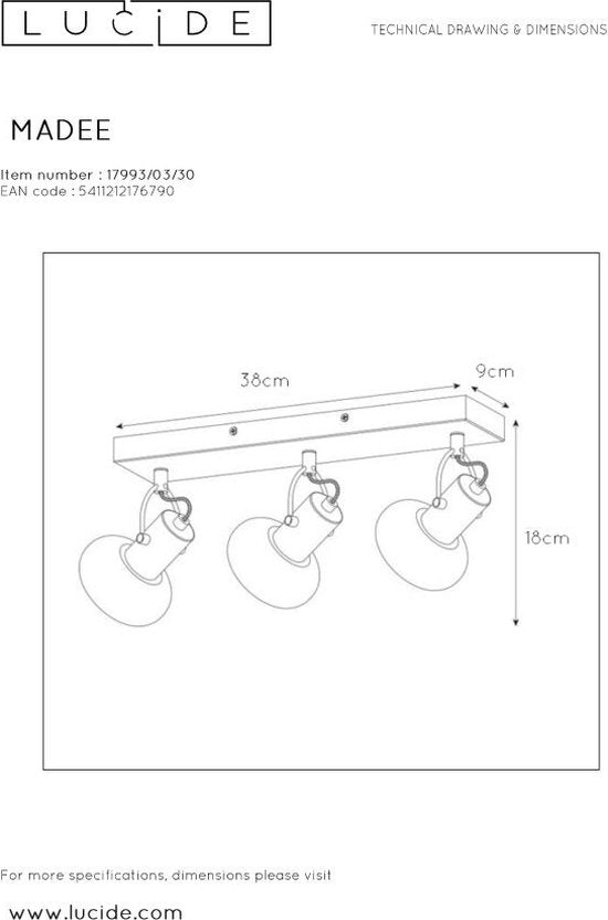 Lucide MADEE – Deckenstrahler (Deckenleuchte) – 3xE14 – Schwarz