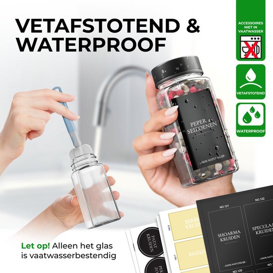 Soothe 48 Glasgewürzdosen quadratisch mit schwarzem Deckel - 2 Arten von Streudeckeln - Gewürzstreuer - Gewürzdosen - Komplettset inkl. Gewürzsticker, Kreidestift und Zubehör - 120ml