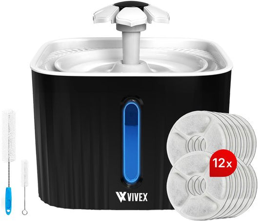 Vivex® Trinkbrunnen – Trinkbrunnen für Katzen und Hunde – inkl. 12 Filter und Reinigungswerkzeug – Flüsterleise – Zusätzliche Filter