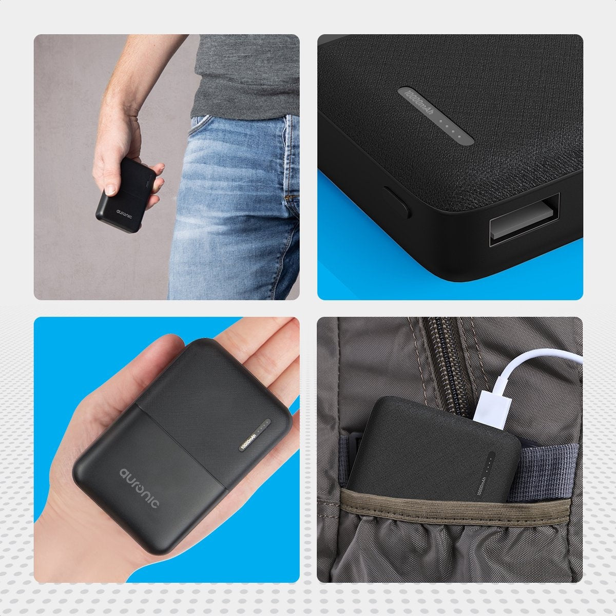 Auronic Powerbank - 10.000 mAh - 4 Anschlüsse - 2,4A USB/Micro-USB/USB-C - Inkl. Kabel - Schwarz