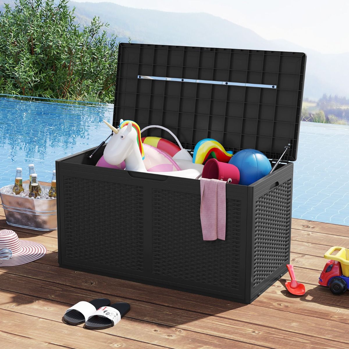 Coast Gartenbox mit Rollen – wasserdichte Aufbewahrungsbox – Sitzbank – schwarz – 380 Liter