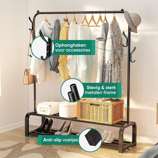 Avalo Industrial Clothes Rack - Metall - 110x33x150 CM - Schwarz - Lagerung für Schuhe - Garderobe Rack mit Haken