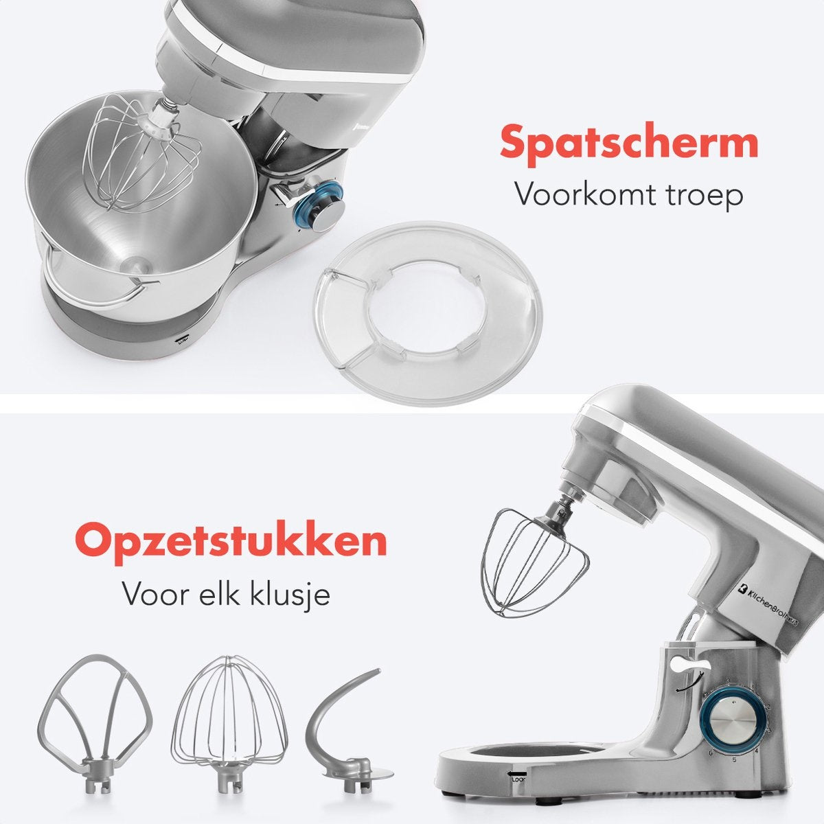 KitchenBrothers Küchenmaschine - Küchenmixer mit 6L-Edelstahl-Mixschüssel - Küchenroboter - 1400W - Silber