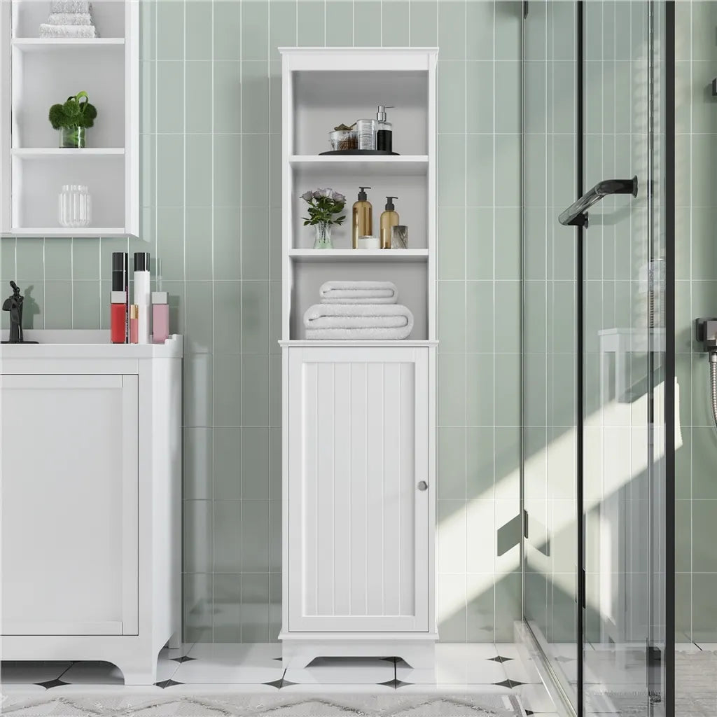 Yaheetech Badezimmerschrank 40 x 30 x 153 cm – Weiß – Hoher Aufbewahrungsschrank mit 3 offenen Regalböden und verstellbarem Einlegeboden
