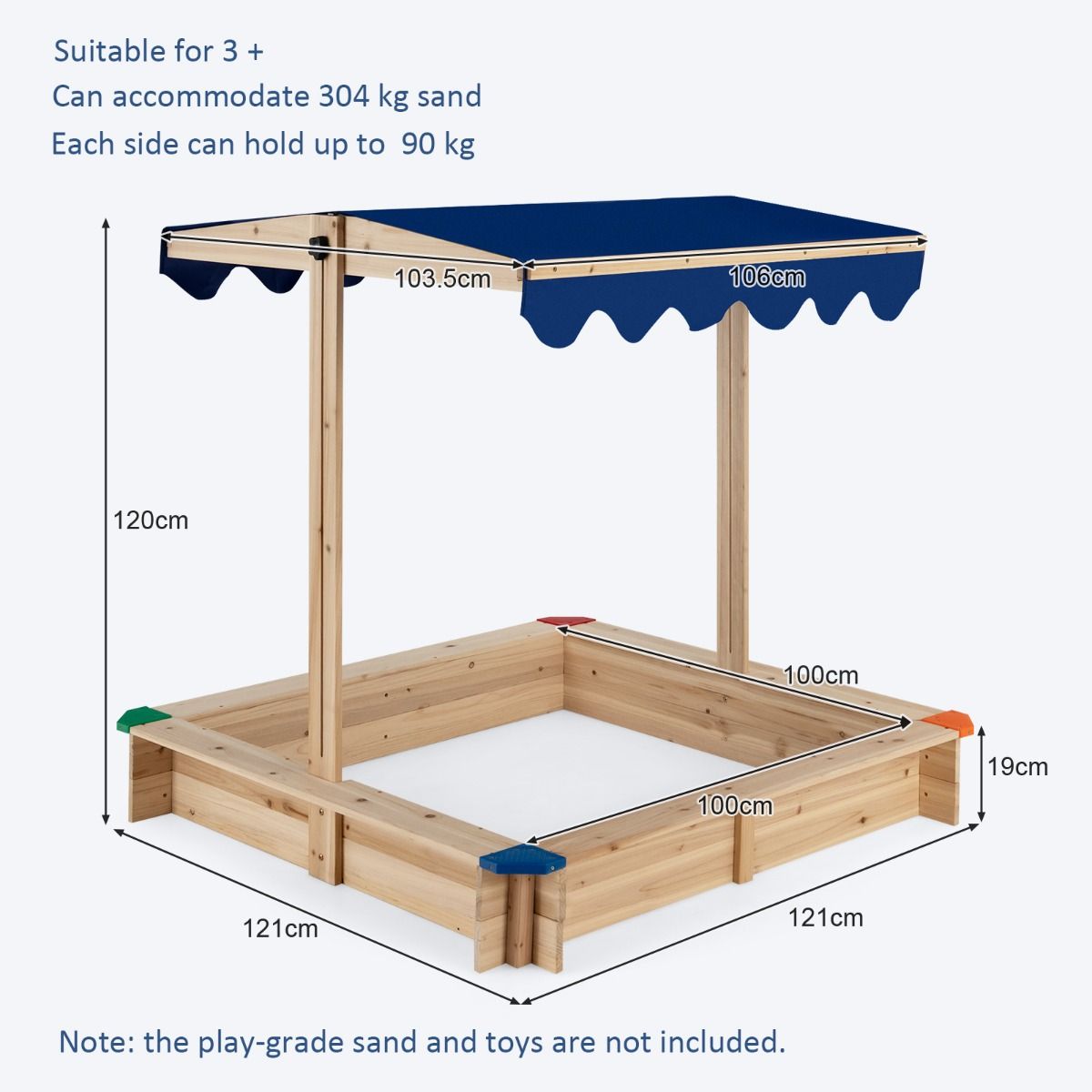 Coast Holzsandkasten mit verstellbarem Sonnendach – ohne Boden – Sitzecke – blau – 121 x 121 x 120 cm