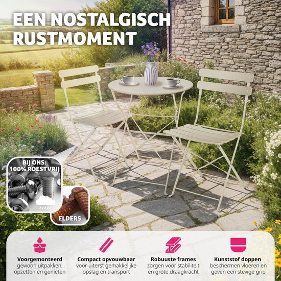 tectake - Klappbares Bistro-Set für 2 Personen mit Stahlgestell, Tisch und Gartenstühlen - Für Balkon und Terrasse - Outdoor-Set - Garten-Set - Klapptisch und Klappstühle - elegantes Design - creme