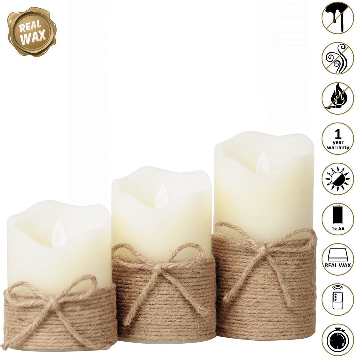 O'DADDYÂ¬Ã† LED-Kerzen mit beweglicher Flamme - Set in 3 Größen 10+12,5+15cm 8d - Mit Timer und Dimmfunktion - LED-Kerzen mit Fernbedienung - Seil
