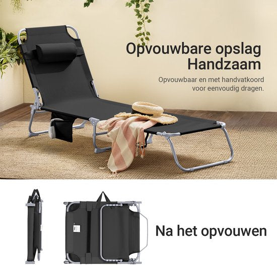 SoBuy Klappliegestuhl, verstellbarer Gartenliegestuhl mit Kopfstütze und Aufbewahrungstasche, ergonomischer Relaxstuhl für den Außenbereich, Garten, Balkon und Terrasse, schwarz, OGS35-SCH