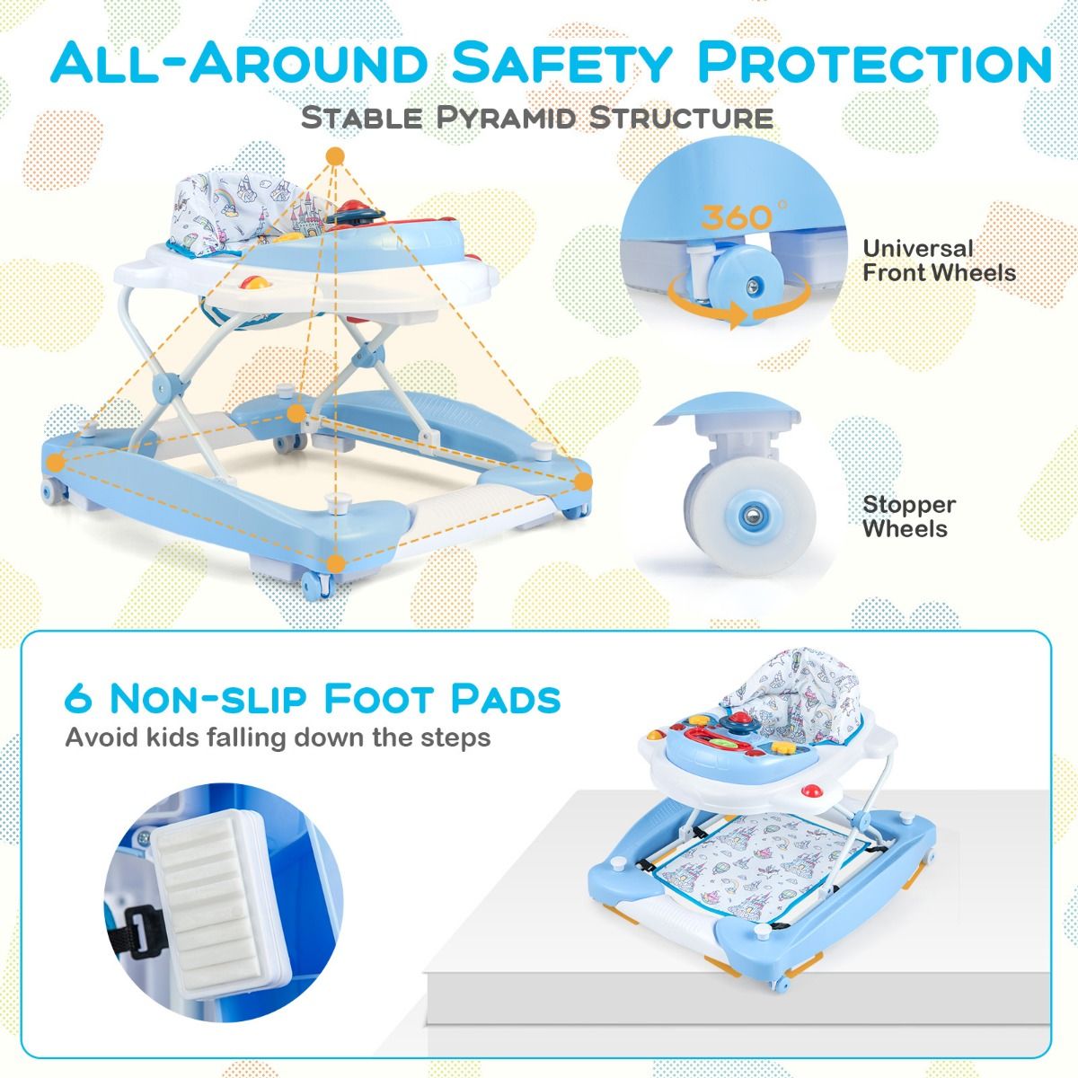 Coast 6-in-1 Kinderwagen Blau - Höhenverstellbar (71,5 x 62 x 50,5-54,5 cm) - Überrollsicher mit Notenblatt und gepolstertem Sitz