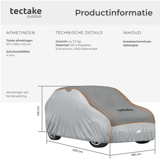 tectake® Car Cover - Outdoor Autosegel - Hagelschutz - Wasserdichte Decke mit 3 verstellbaren Gurten - Atmungsaktiv - Autoschutzdecke mit Aufbewahrungstasche - Kompatibel mit vielen Modellen - Größe (LxBxH) 520 x 185 x 145 cm - Für SUV oder Van