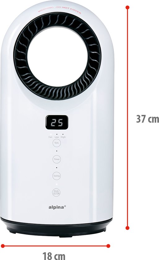 alpina Elektro-Heizlüfter 1500W - Keramik-Heizlüfter mit Timer und Fernbedienung - Oszillierender Heizlüfter mit Kühl- und Heizfunktion - 18 x 18 x 37cm