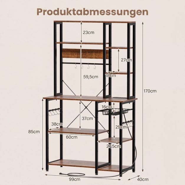 Coast 6-lagiges Küchenregal mit Steckdose – Mikrowellenregal mit ausziehbarem Drahtkorb, 12 Haken und USB-Anschluss, 99 × 40 × 170 cm – Rustikales Braun/Schwarz