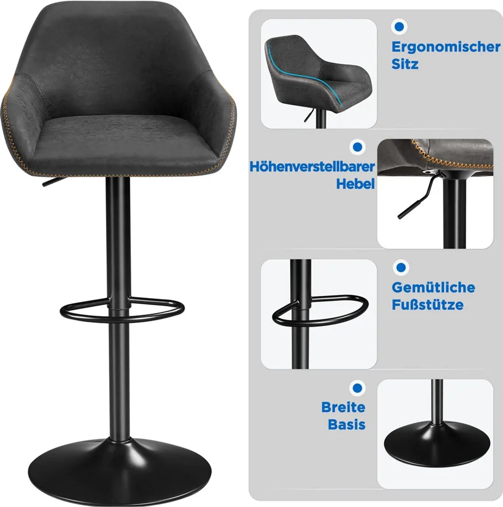 Yaheetech Barhocker 2er Set - Schwarzes Kunstleder - Verstellbar 87,5-107,5 cm - 360° drehbar mit Rückenlehne und Fußstütze