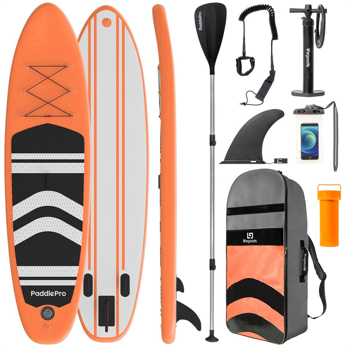 LifeGoods - SUP Board & Aufblasbares Paddle Board - 320x81 cm - Orange PVC - Stabil & Allround - Inklusive Komplettset - Maximales Tragegewicht 135 kg