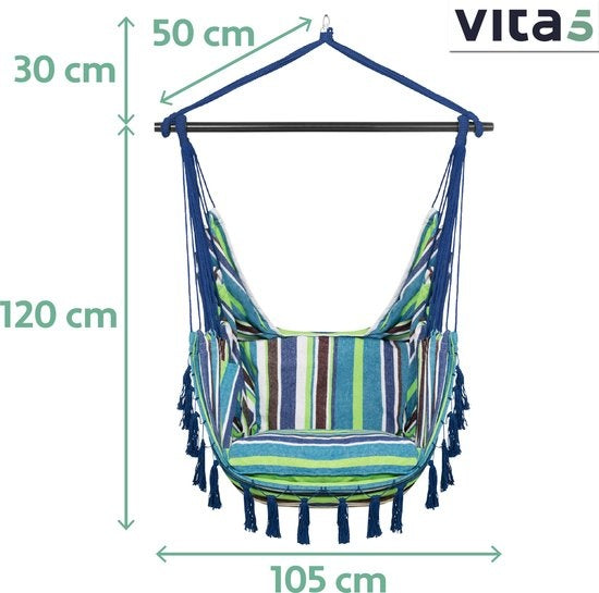 Vita5 XXL Hängesessel - Innen und Außen - Inkl. 2 Kissen - Buchfach - Erwachsene - Kinder - Maximale Belastbarkeit 150kg - Blau/Grün/Weiß