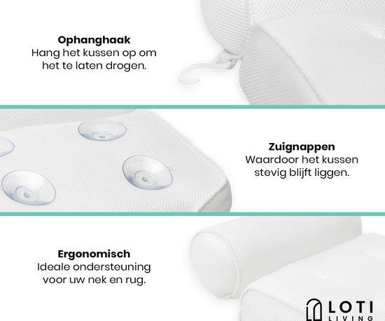 Loti Living Badekissen für die Badewanne - Badekissen - Nackenkissen für die Badewanne - Kopfstütze für die Badewanne - Badekissen mit Saugnäpfen - 6 Saugnäpfe - Ergonomisches Nackenkissen - Anti-Rutsch - Weiß