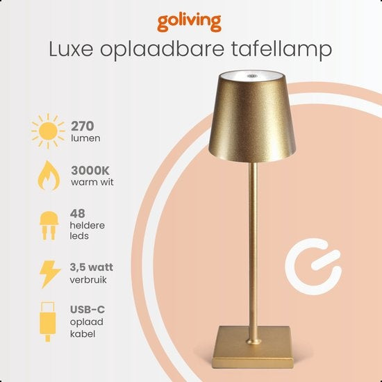 Goliving Tischlampe Wiederaufladbar - Kabellos und dimmbar - Moderne Touch-Lampe - Nachtlampe für das Schlafzimmer - 38 cm - Gold