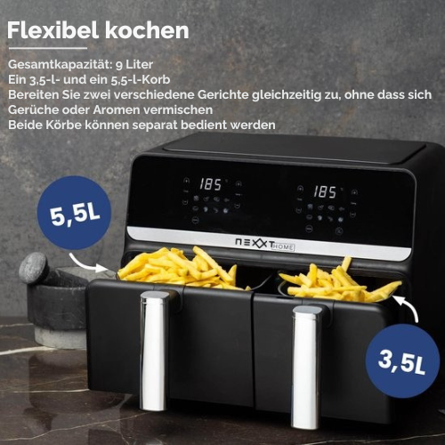 Nexxt Digital Double Airfryer XXL - Mit Touchscreen - 5,5 + 3,5 Liter - 8 Kochprogramme - Schwarz