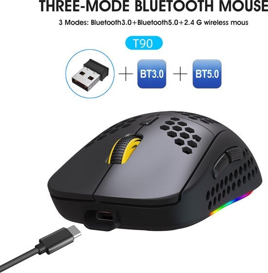 HXSJ T90 2.4G Wireless Gaming Mouse - Bluetooth - Computermäuse - Ultraleicht - RGB-Beleuchtung - Schwarz