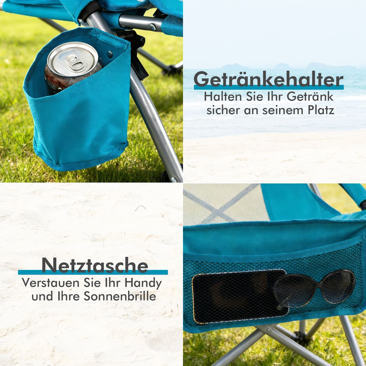 Coast Klappbarer Strandstuhl – atmungsaktives Netzgewebe – mit Armlehnen und Getränkehalter – blau