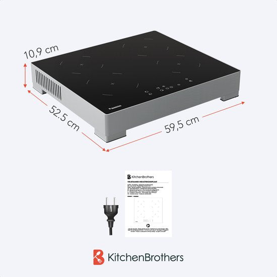 KitchenBrothers Induktionskochfeld - Freistehendes Induktionskochfeld - 60 cm - 4 Zonen - 1 Phase - bis zu 2400W - Silber/RVS