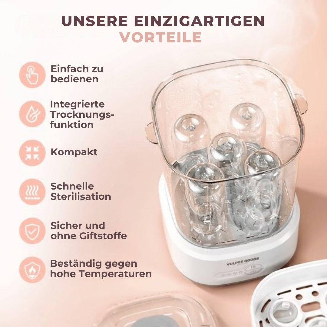 Vulpes Goods BabyCare 5-in-1-Flaschensterilisator elektrisch - Dampfsterilisator mit Trockenfunktion - Flaschensterilisator PRO - inkl. Reinigungsset