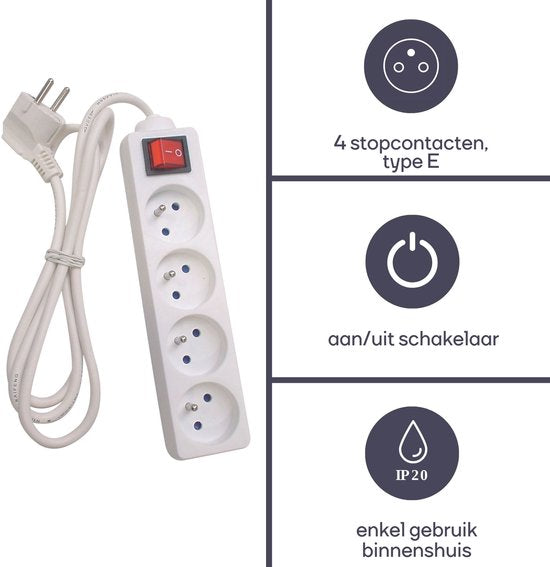 Perel Steckdosenleiste mit Schalter, 4 Steckdosen mit Schutzkontakt (Typ E), Kabel 3 m, 3G1,5, für den Innenbereich, weiß