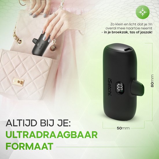 iSetchi Mini Powerbank 5000 mah - Kompakte Größe - Externer Akku - Integriertes Kabel - Notfallpaket - Lightning Kabel - LED Anzeige - Geeignet für iPhone - Schwarz