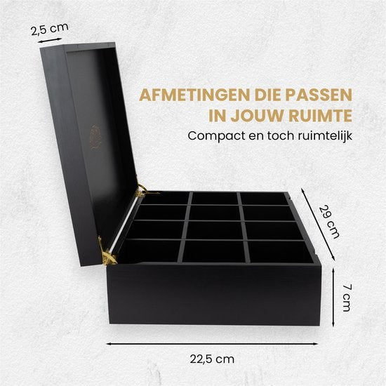 Nimma - Teebox - 12 Fächer - Magnetischer Verschluss - Geeignet für Pickwick, Lipton und mehr - Schwarz