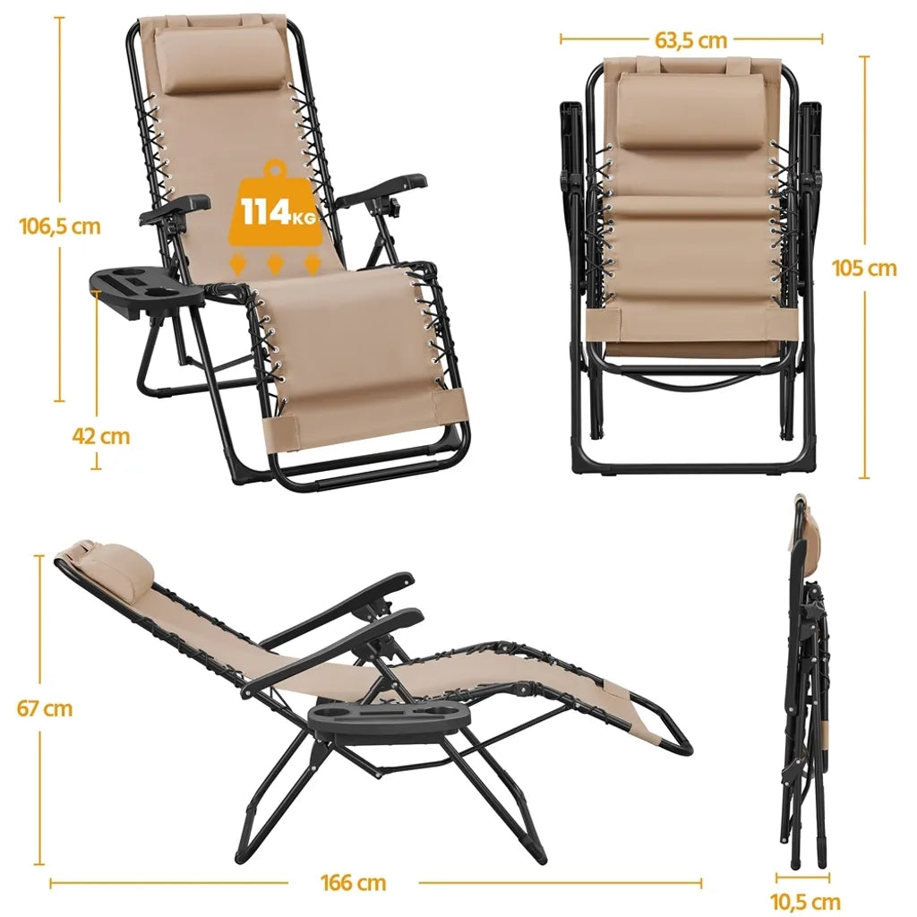 Yaheetech 2er-Set Zero-Gravity-Liegestühle – Beige – Zusammenklappbare Liegestühle mit Kopfkissen und Getränkehalter